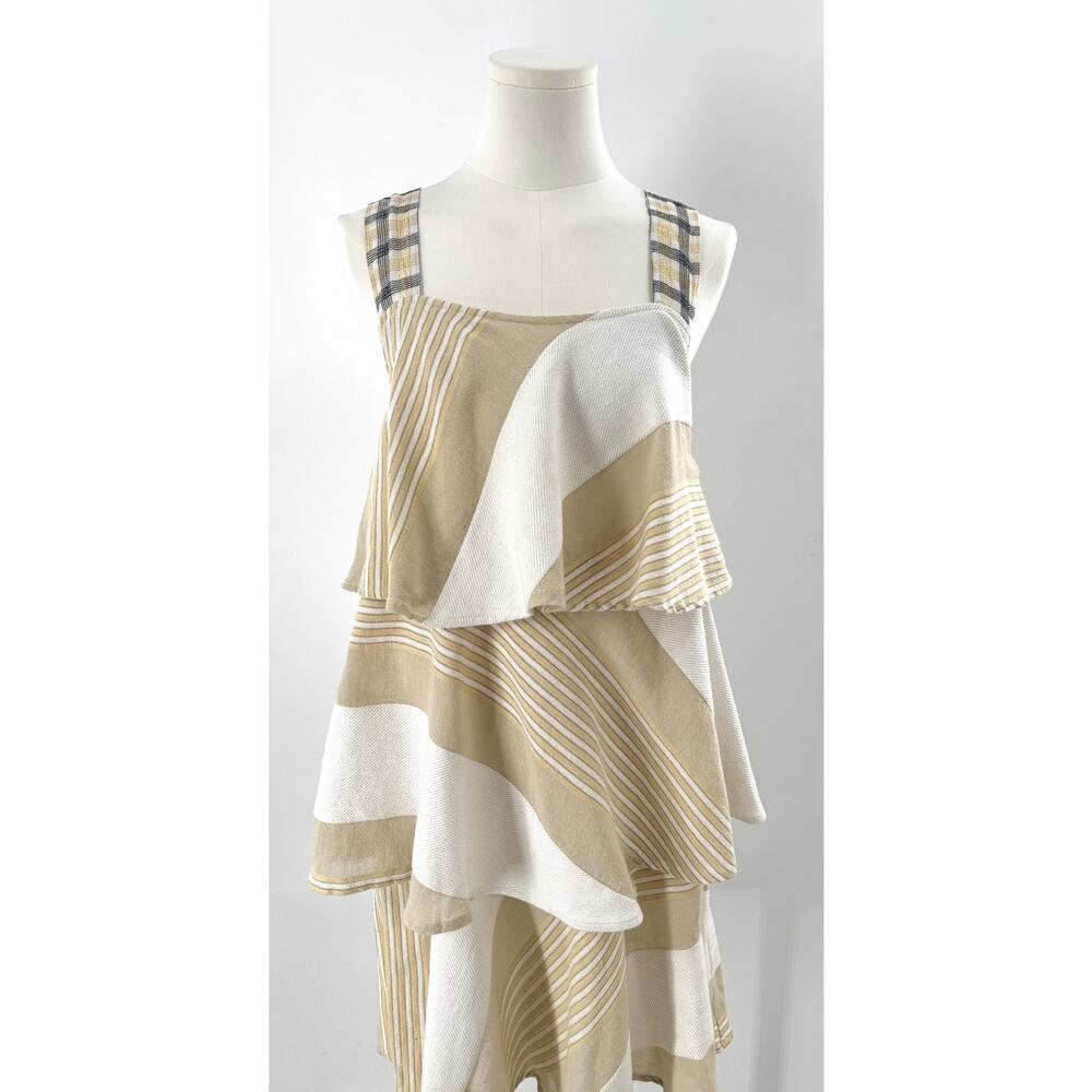 Ace & Jig Simone Solstice Dress Tiered Ruffle Stripe White Tan Cotton Linen S